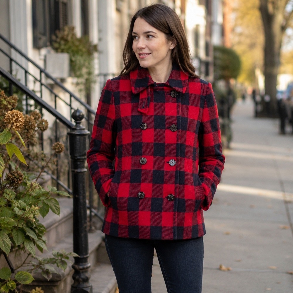 J.Crew Buffalo Check Wool Peacoat Women's 4 Red Navy Double Breasted